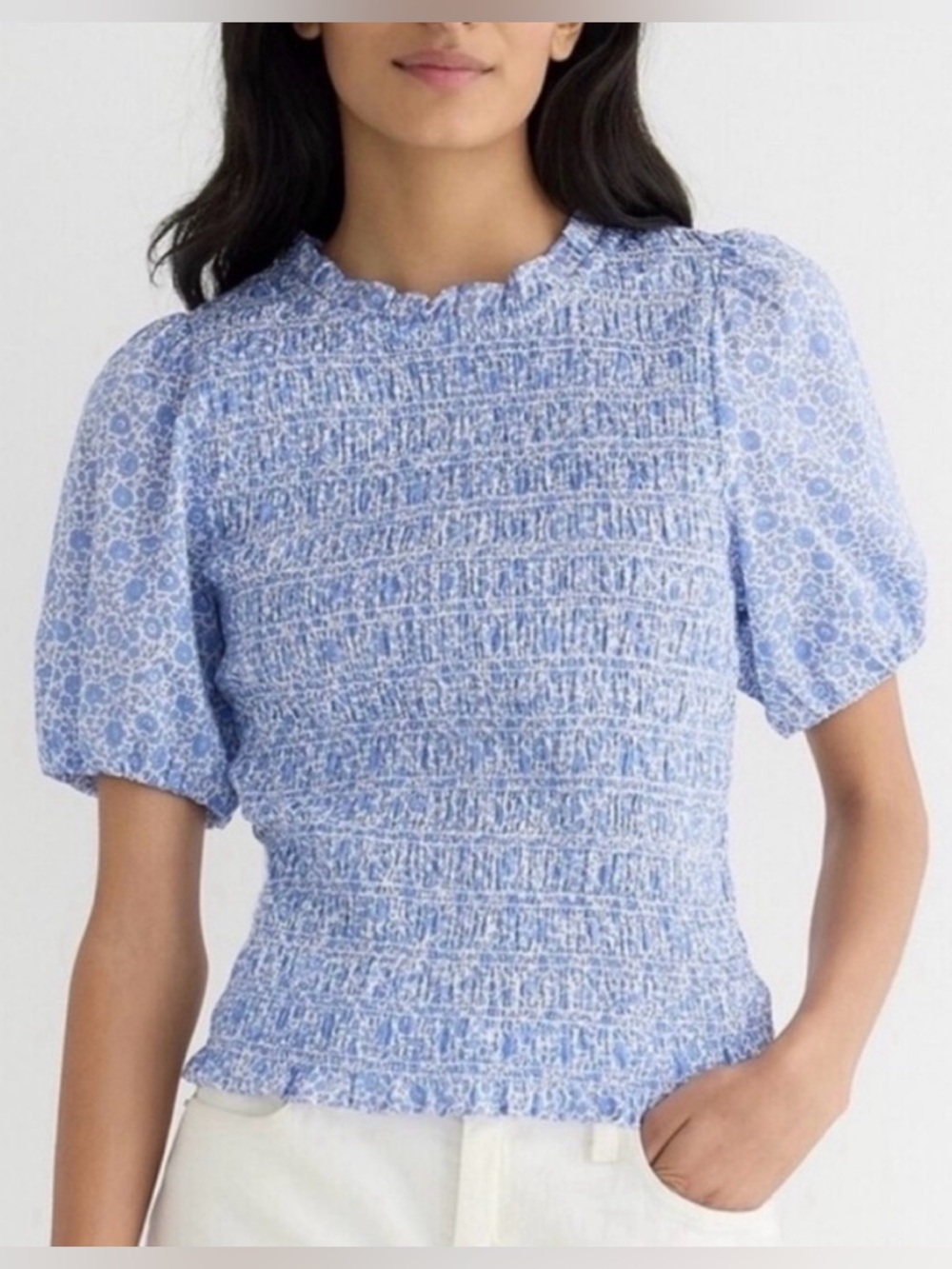 NWT, J Crew Liberty® D’Anju Coast Floral Puff-sleeve smocked top, blue white, XL